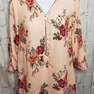 Rue21 Womens Floral  Blouse Top Size S Small Roll Tab Sleeve Zip V-Neck Pink